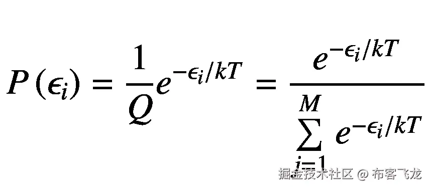 P\left({\epsilon}_i\right)=\frac{1}{Q}{e}^{-{\epsilon}_i/ kT}=\frac{e^{-{\epsilon}_i/ kT}}{\sum \limits_{j=1}^M{e}^{-{\epsilon}_i/ kT}}