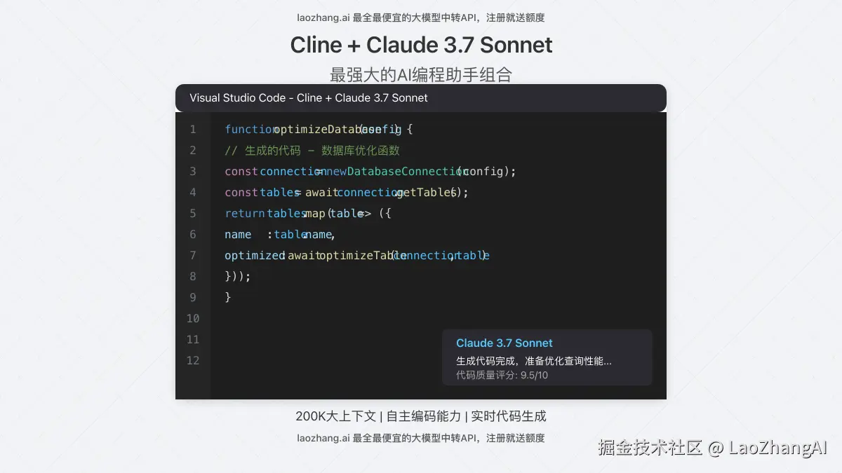 Cline与Claude 3.7 Sonnet结合使用的效果展示，包含代码自动生成、IDE集成场景