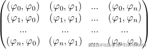 \begin{pmatrix} (\varphi _{0},\varphi _{0})&(\varphi _{0},\varphi _{1})&...&(\varphi _{0},\varphi _{n}) \ (\varphi _{1},\varphi _{0})&(\varphi _{1},\varphi _{1}) &...&(\varphi _{1},\varphi _{n}) \ ...&...& ...& ... \ (\varphi _{n},\varphi _{0}) & (\varphi _{n},\varphi _{1}) &...&(\varphi _{n},\varphi _{n}) \end{pmatrix}
