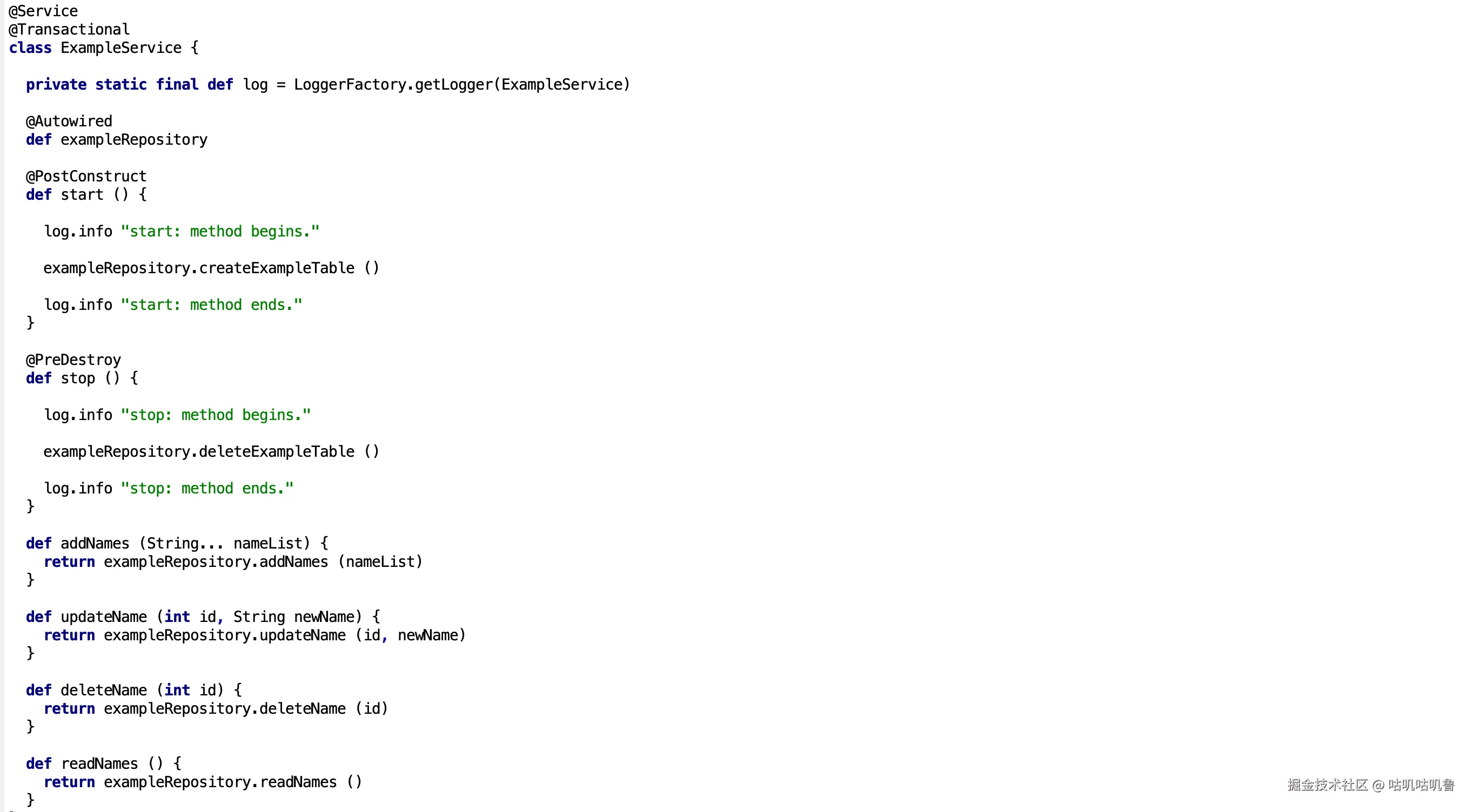 Spring 服务类，具有用于管理 H2 数据库操作的事务方法，包括创建和删除表以及执行 CRUD 操作。