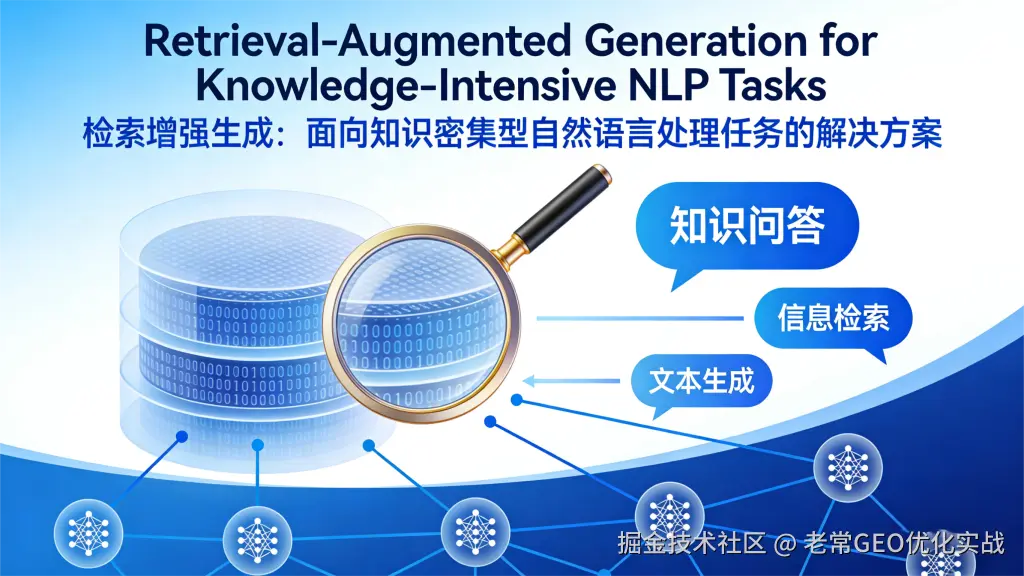 展示论文英文标题与中文副标题，搭配数据库（含二进制数据）、放大镜元素，以及 RAG 涉及的知识问答、信息检索、文本生成任务模块