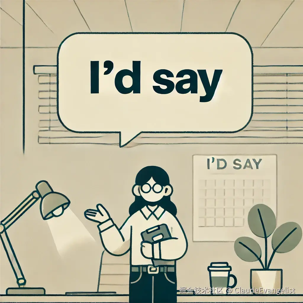 DALL·E 2024-11-30 10.37.23 - A simple, clean illustration showing a person speaking with a speech bubble containing the phrase 'I’d say'. The background is a casual, office-like s.webp