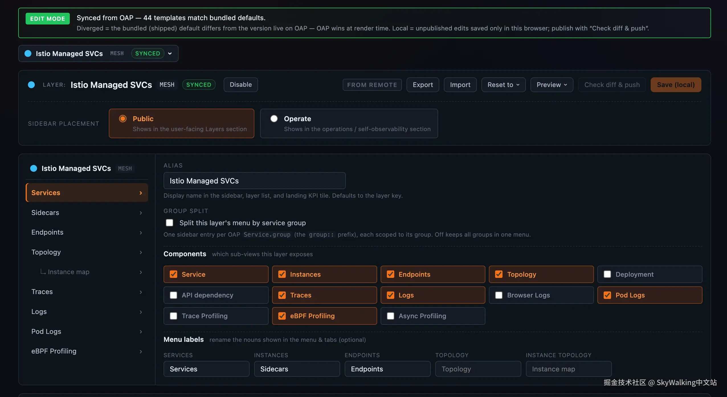 图 1：Layer dashboards 管理页：顶部有 Save/Reset/Preview/Check-diff-and-push 控制，下面是 layer 配置，包括组件开关、alias 和菜单文案重命名。