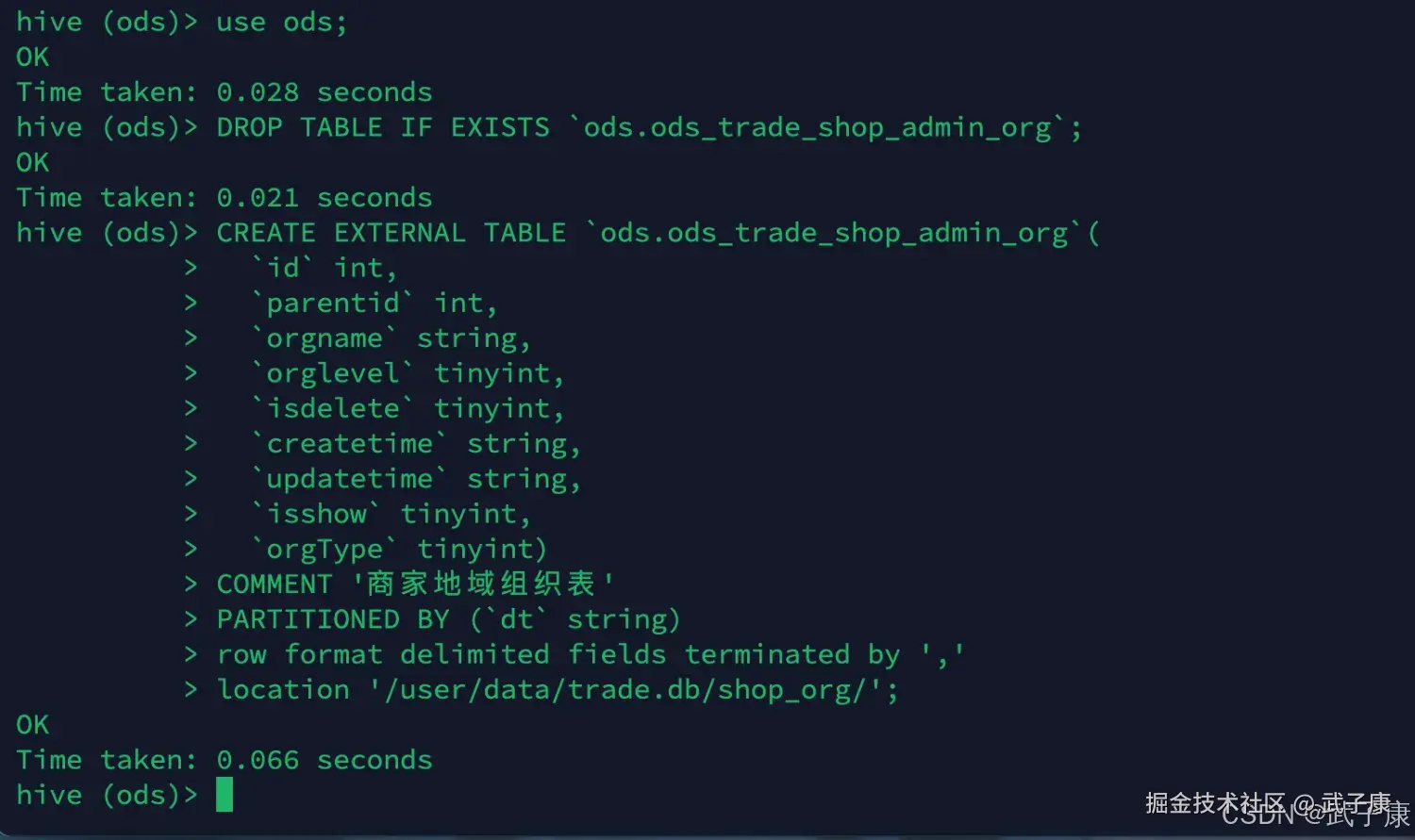 离线数仓 创建 trade shop admin 表