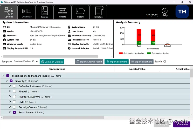Omnissa Horizon Windows OS Optimization Tool after clicking Analyze