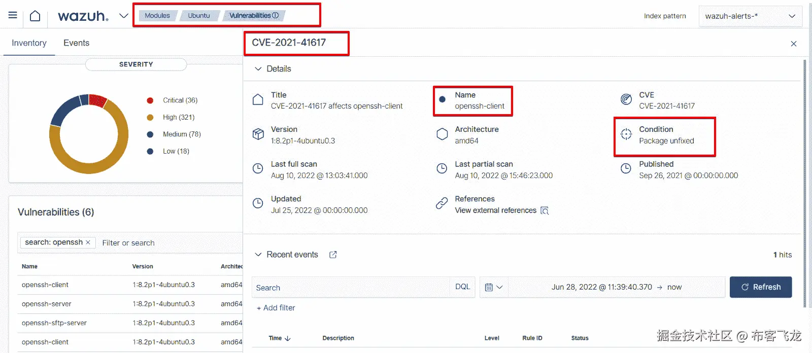 图 7.9 – 在 Wazuh 管理器中可视化 CVE-2021-41617 Ubuntu 漏洞