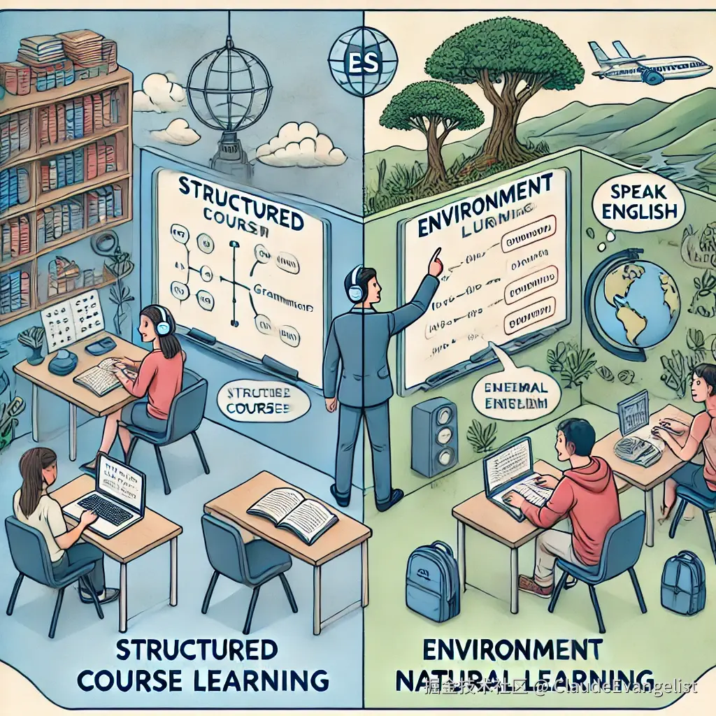 DALL·E 2024-12-16 12.38.33 - An educational illustration comparing two systems of learning English_ structured course-based learning and environment-driven natural learning. The i.webp