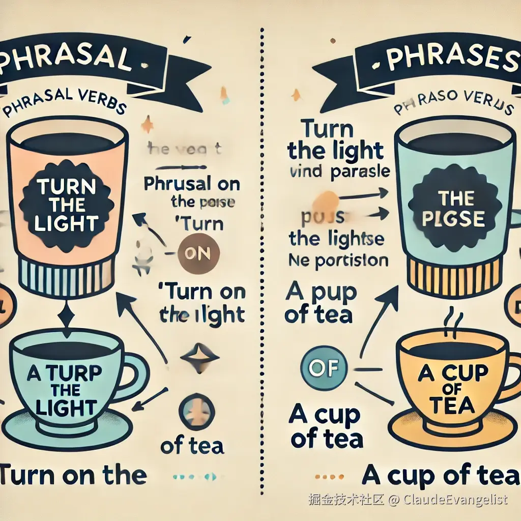 DALL·E 2025-01-06 00.05.27 - An educational illustration showing the difference between phrasal verbs and phrases in English. On one side, show an example of a phrasal verb like '.webp