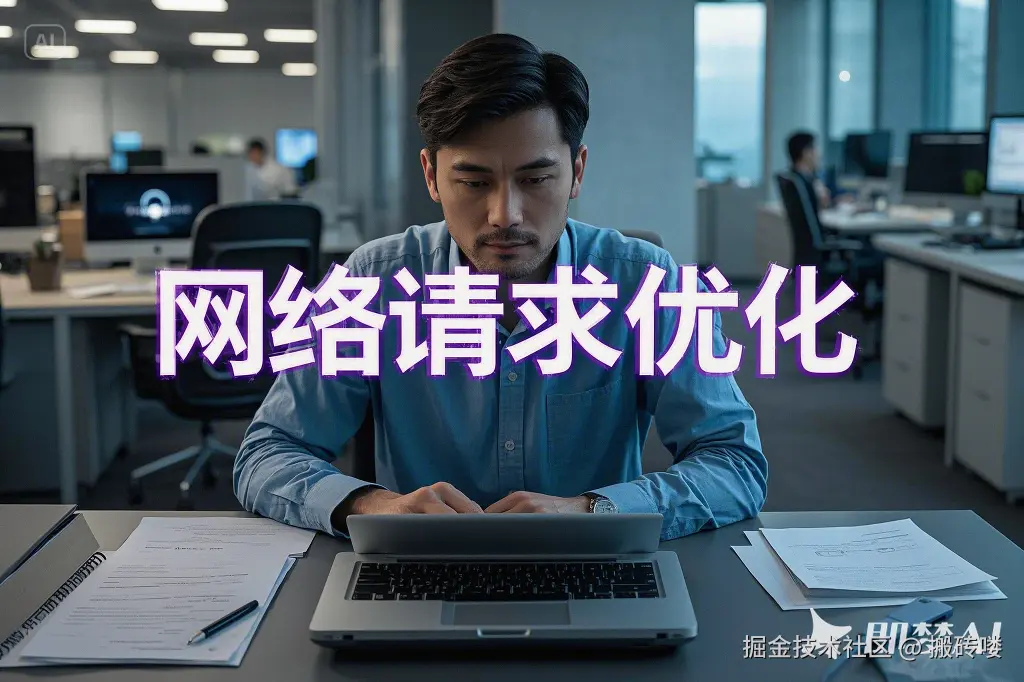 一个 程序员，坐在办公桌前面。“网络请求优化”.png