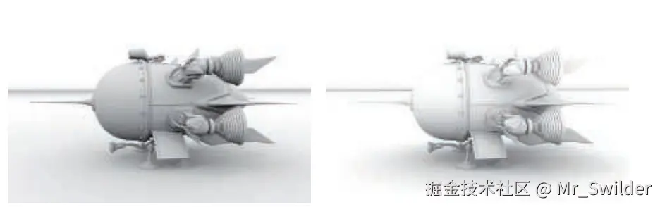 图11.9：环境光occlusion和环境光obscurance之间的区别。左侧图像的遮挡是使用无限长的射线进行计算的。右侧图像则使用了有限长度的射线。 [149]