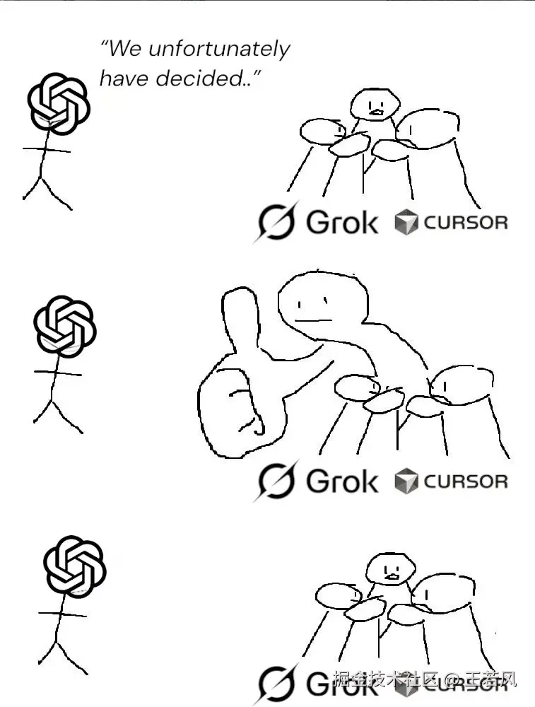 三格漫画：OpenAI 宣布决定，Grok 与 Cursor 竖起大拇指
