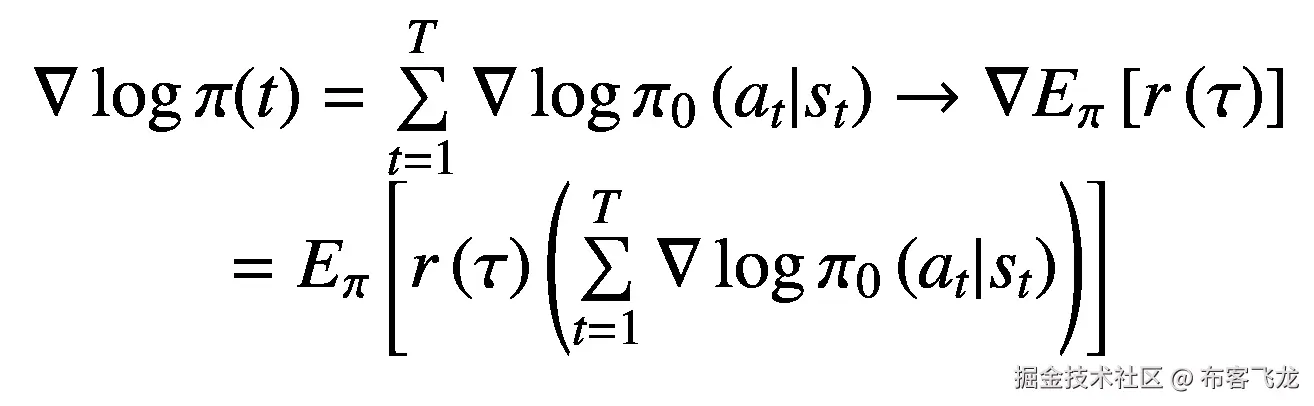 {\displaystyle \begin{array}{c}\nabla \log \pi (t)=\sum \limits_{t=1}^T\nabla \log {\pi}_0\left({a}_t|{s}_t\right)\to \nabla {E}_{\pi}\left[r\left(\tau \right)\right]\\ {}={E}_{\pi}\left[r\left(\tau \right)\left(\sum \limits_{t=1}^T\nabla \log {\pi}_0\left({a}_t|{s}_t\right)\right)\right]\end{array}}
