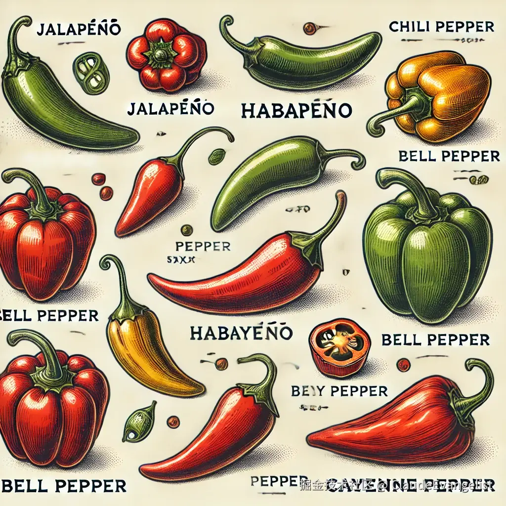 DALL·E 2024-08-07 20.56.55 - A detailed illustration featuring different types of chili peppers with labels, such as Jalapeño, Habanero, Bell Pepper, and Cayenne Pepper. Each pepp.webp