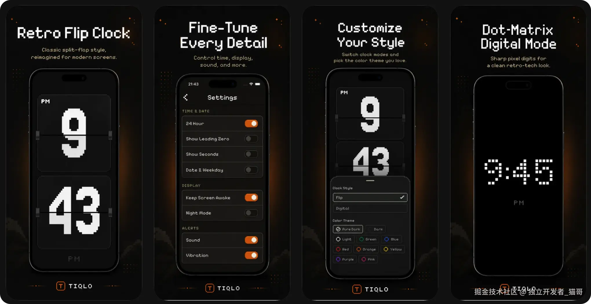 Tiqlo brings crisp pixel geometry to every clock face, panel, button, outline, and shadow. Run it fullscreen—free, ad-free, and without an account.