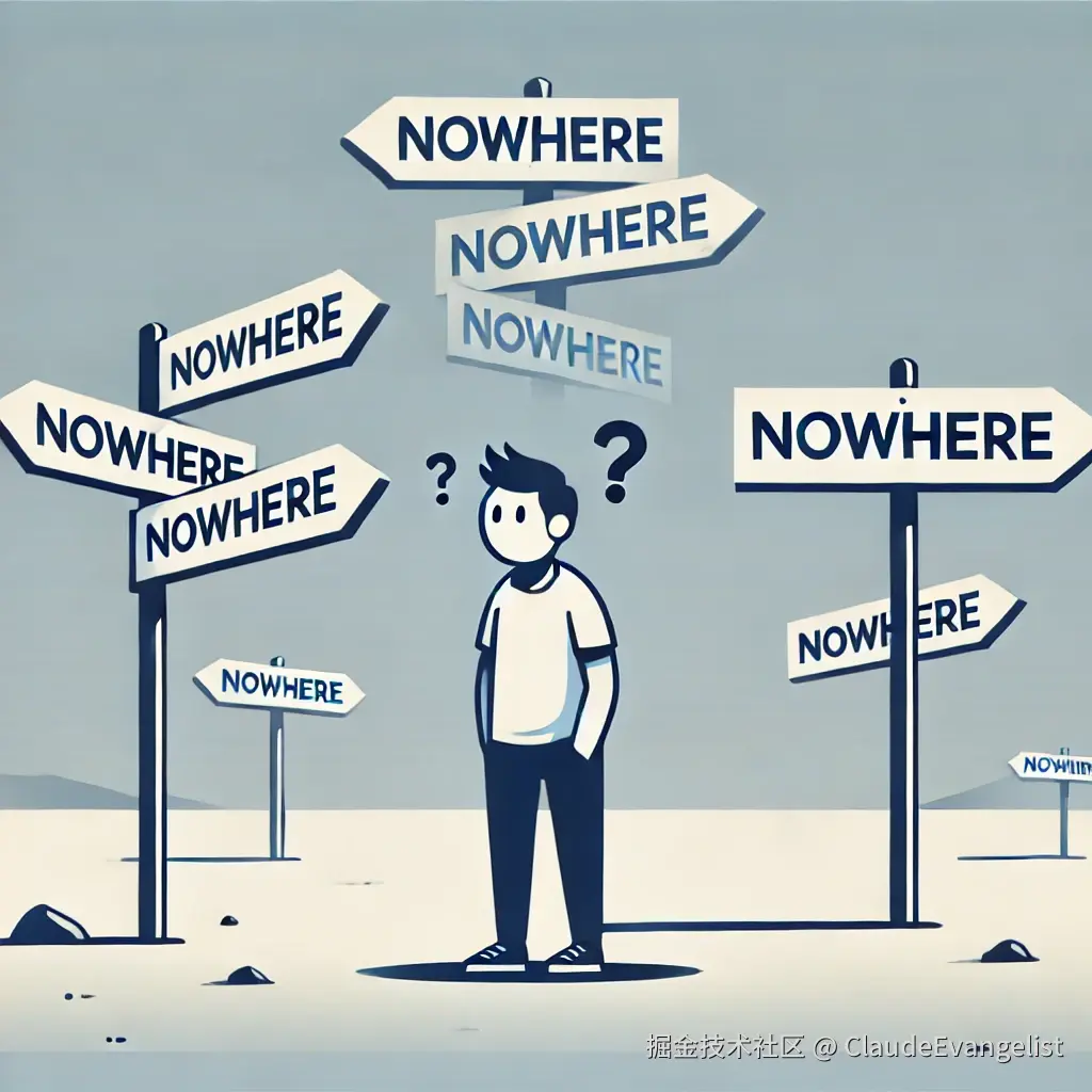 DALL·E 2024-10-24 21.07.20 - An illustration depicting a confused person standing in an empty, vast space with signs pointing in all directions but leading to nowhere, emphasizing.webp