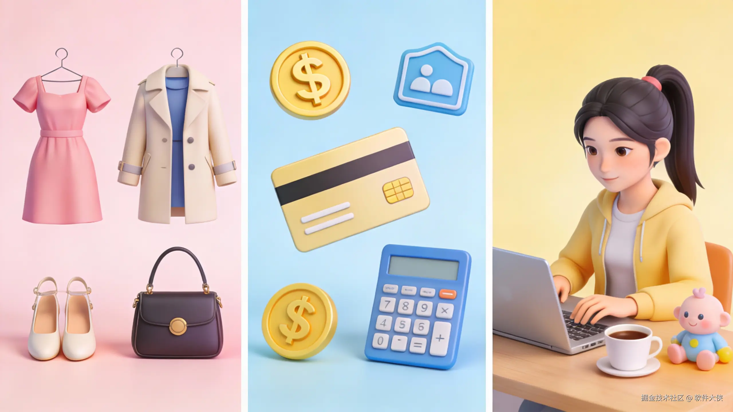 一张包含三个场景的3D风格拼图。左侧区域展示时尚服装，中间区域展示金融服务相关的图标（如货币符号），右侧区域展示一位使用笔记本电脑的亚洲女性（代表兼职宝妈）。三个区域风格统一，色彩明亮，突出各行业特征。