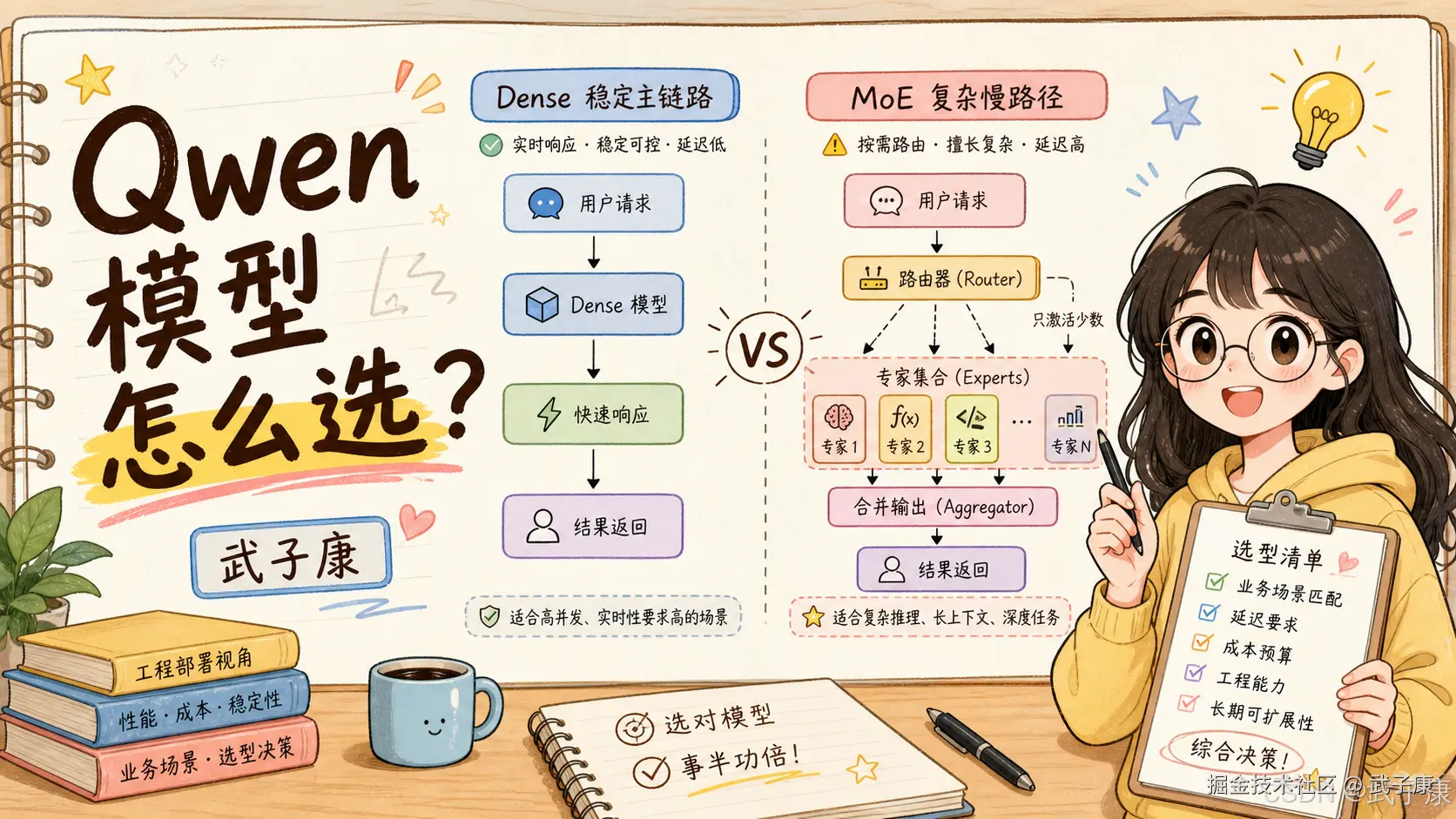 Qwen Dense vs MoE 选型指南信息图：Dense 稳定主链路 vs MoE 复杂慢路径，配合业务场景、性能成本、选型决策三视角的综合决策清单