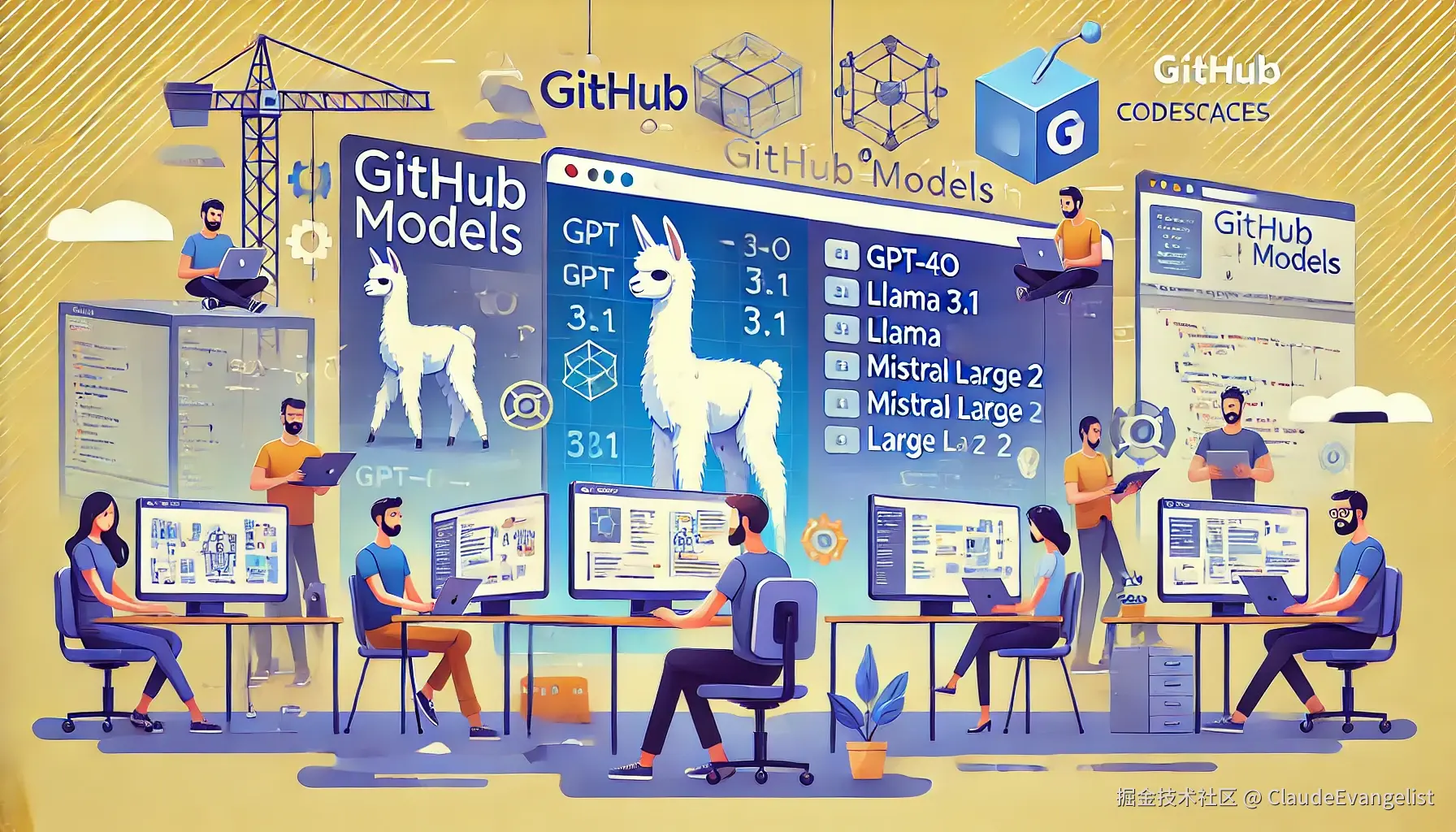 DALL·E 2024-08-02 23.10.45 - An illustration depicting the GitHub Models feature. The scene shows developers working on computers, with screens displaying various AI models like G.webp