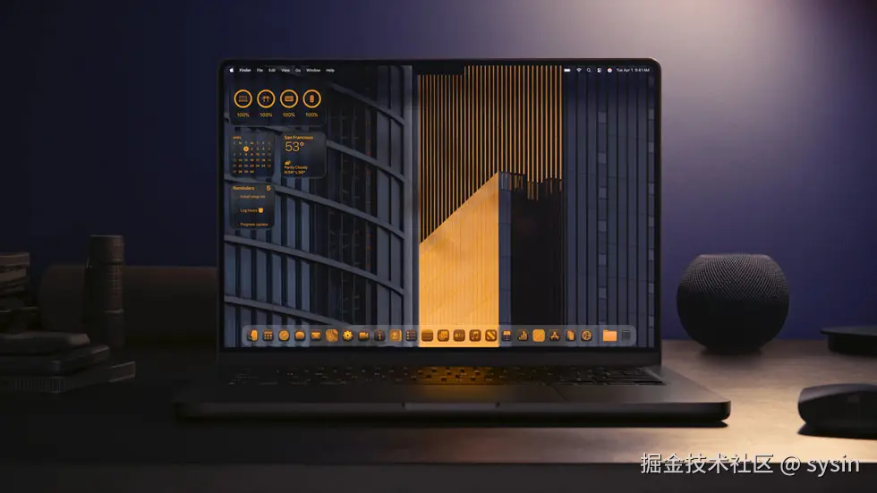 一台 MacBook Pro 上显示着设计一新的主屏幕。 