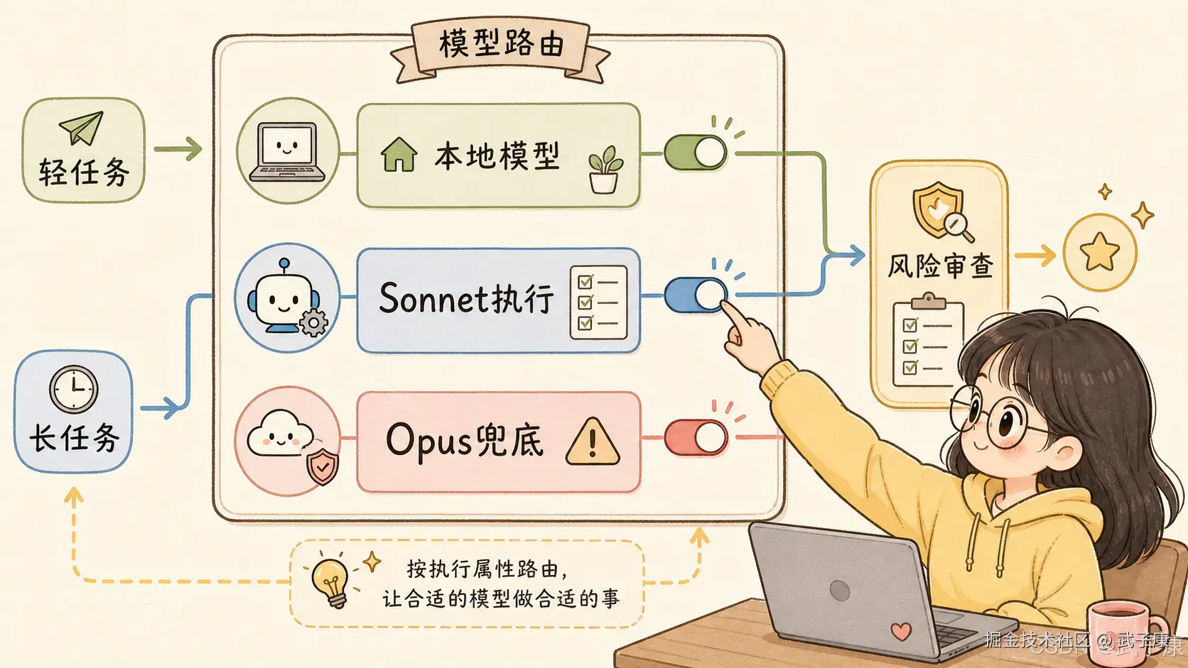卡通图解展示了"模型路由"机制，女孩正操作开关选择由Sonnet模型执行任务，体现了根据任务轻重在本地模型、Sonnet或Opus间智能分配并进行风险审查的流程