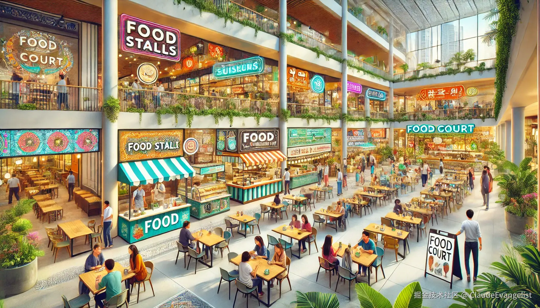 DALL·E 2024-11-06 21.54.46 - An illustration of a vibrant, modern food court in a shopping mall. The image features a variety of food stalls offering different international cuisi.webp