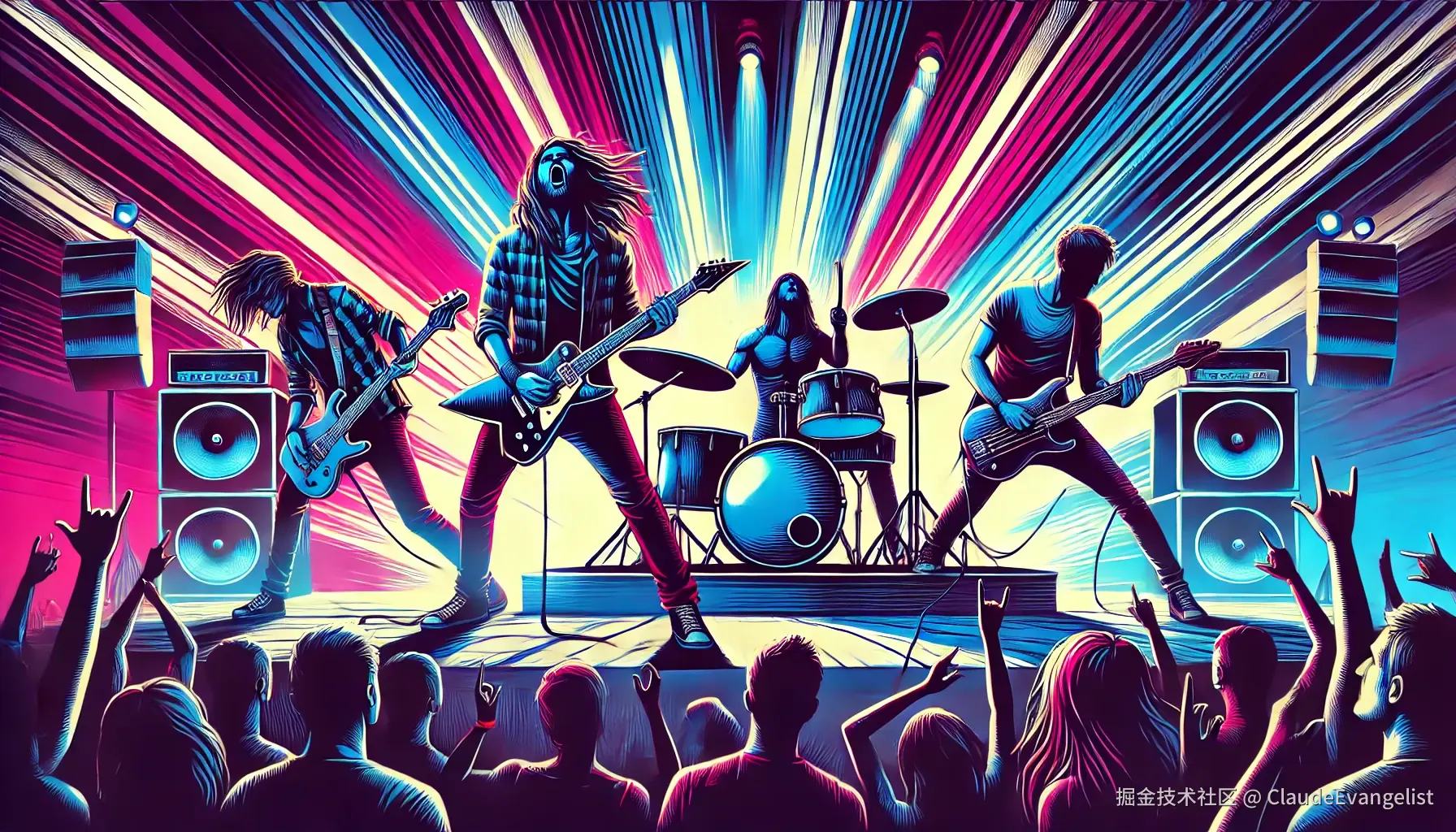 DALL·E 2024-11-22 23.00.36 - A vibrant illustration of a rock band performing alternative rock music on stage. The band includes a guitarist with a distorted electric guitar, a dr.webp