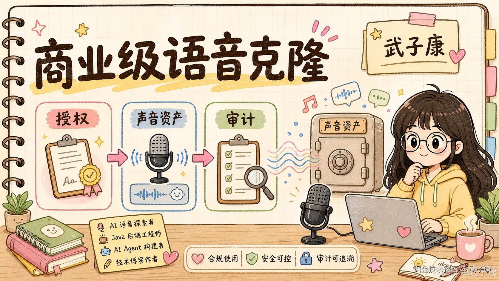 手绘信息图《商业级语音克隆》：主标题"商业级语音克隆"；流程 授权 → 声音资产 → 审计 → 三个流程汇聚到标着"声音资产"的保险柜图标；底部三块金句「合规使用 / 安全可控 / 审计可追溯」；右下角署名"AI 语音探索者 · Java 后端工程师 · AI Agent 构建者 · 技术博客作者 · 武子康"