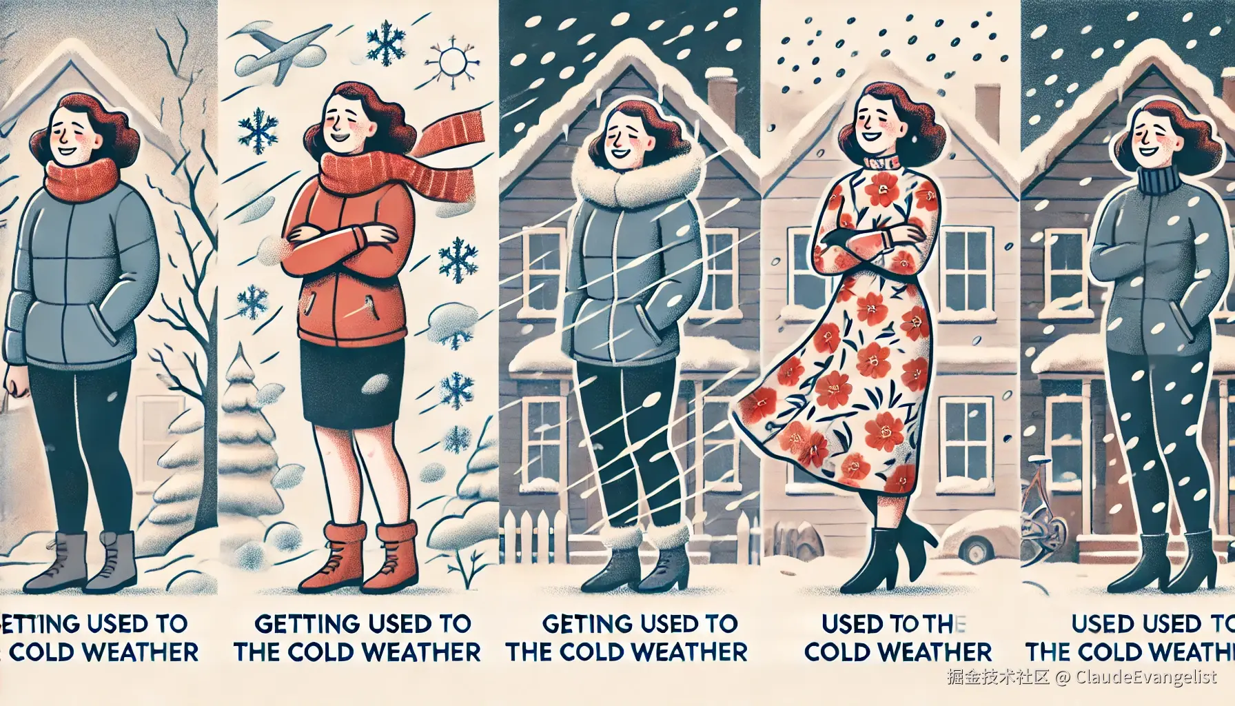 DALL·E 2024-07-31 00.17.27 - An illustration showing two contrasting scenes. On the left, a woman is depicted as feeling cold and uncomfortable in snowy weather, labeled 'Getting .webp