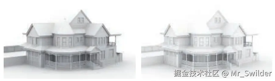 图11.10：不具有相互反射和具有相互反射的环境光遮蔽之间的区别。左侧图像只使用了可见性信息，右侧图像使用了一次反弹的间接照明。 [149]