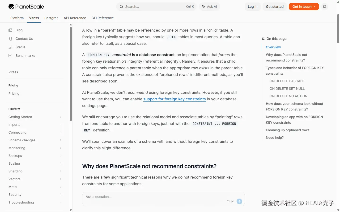 PlanetScale 官方文档 — 明确不推荐使用外键约束