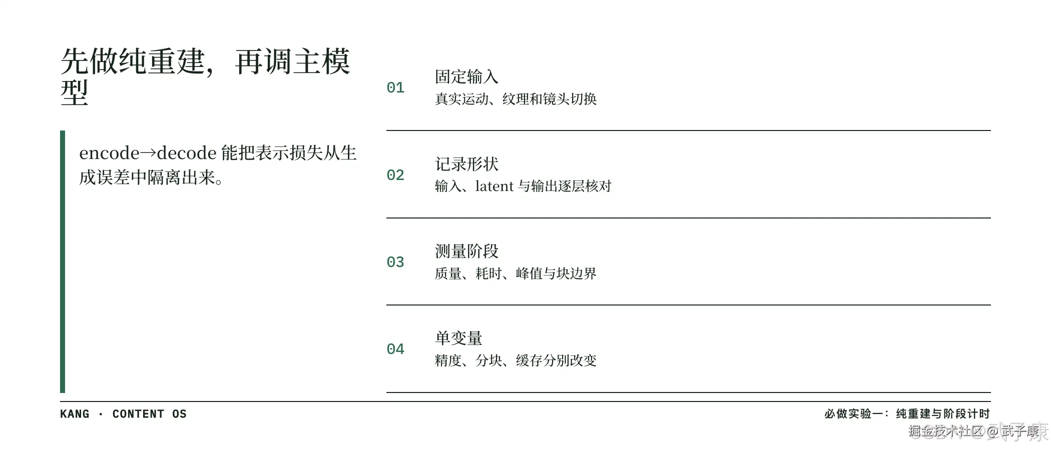 必做实验一：纯重建与阶段计时；encode→decode 把表示损失从生成误差中隔离