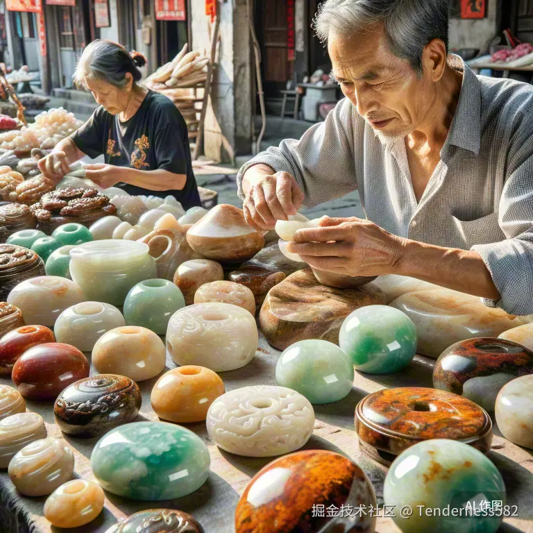 南阳玉石市场摊主展示手工制品，面露焦虑