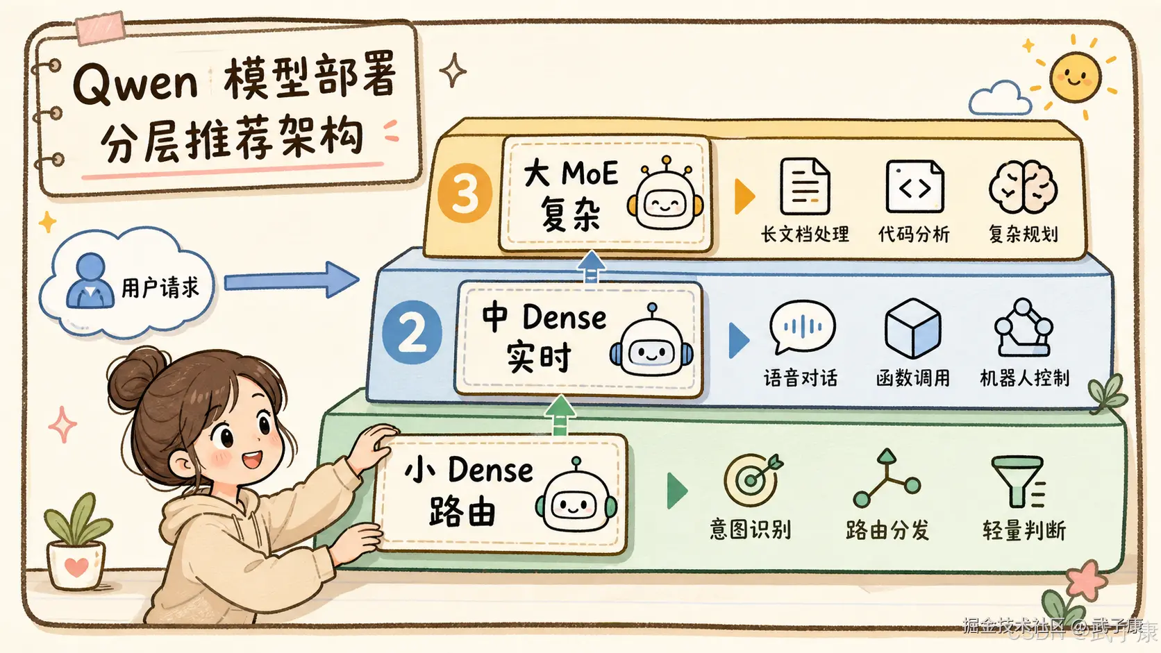 Qwen 模型分层架构图：小 Dense 路由（意图识别、路由分发、轻量判断）→ 中 Dense 实时（语音对话、函数调用、机器人控制）→ 大 MoE 复杂（长文档处理、代码分析、复杂规划）