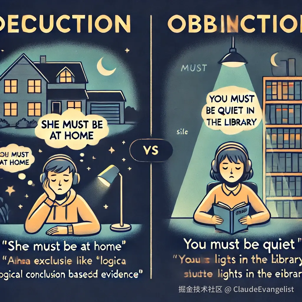 DALL·E 2024-09-24 23.22.40 - A visual illustration explaining the two main uses of 'must be' in English grammar. The image is divided into two sections_ the left side represents '.webp