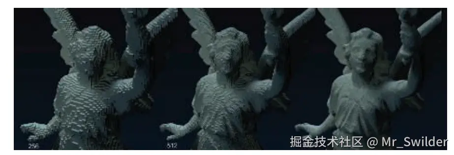 图13.29：不同LOD下的体素光线追踪结果。沿着包含模型的体素网格边缘，从左到右的分辨率分别为256，512和1024。  [753]