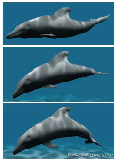 图4.14：顶点变形（vertex morphing）。每个顶点上都定义了两组位置和法线，在每一帧中，顶点着色器会对这两组位置和法线进行线性插值，从而获得中间的位置和法线。