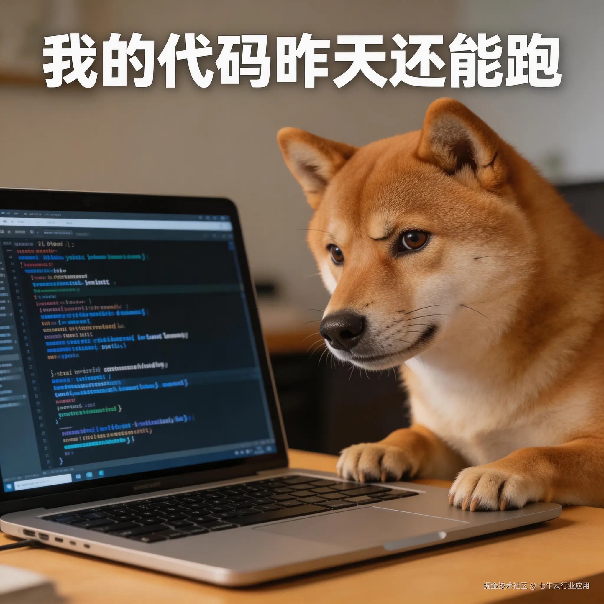 jimeng-2026-02-27-8477-经典程序员Meme图，一只柴犬一脸疑惑地看着电脑，配文“我的代码昨天还能跑”，风....png