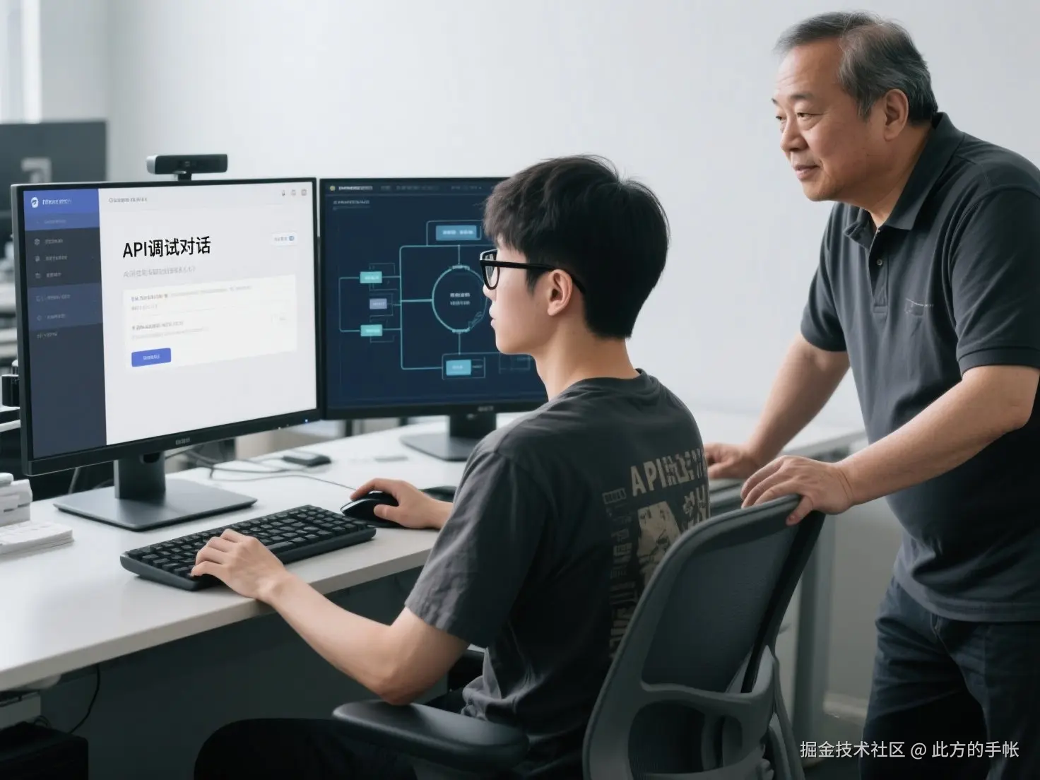 jimeng-2025-07-18-2086-程序员工位全景，小张戴黑框眼镜穿潮流T恤持鼠标操作。双屏左显_API调试对话_文..._cleanup.jpeg
