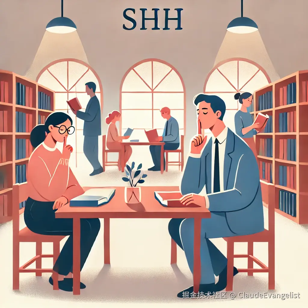 DALL·E 2024-12-06 23.50.19 - An illustration of a peaceful library environment with people quietly reading books. One person is gently holding their finger to their lips in a 'Shh.webp