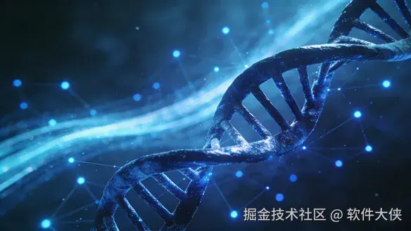 一张抽象的科技感插画，蓝色调，展现DNA双螺旋结构与发光的数据流、网络节点交织在一起的画面。构图简洁，具有未来感。