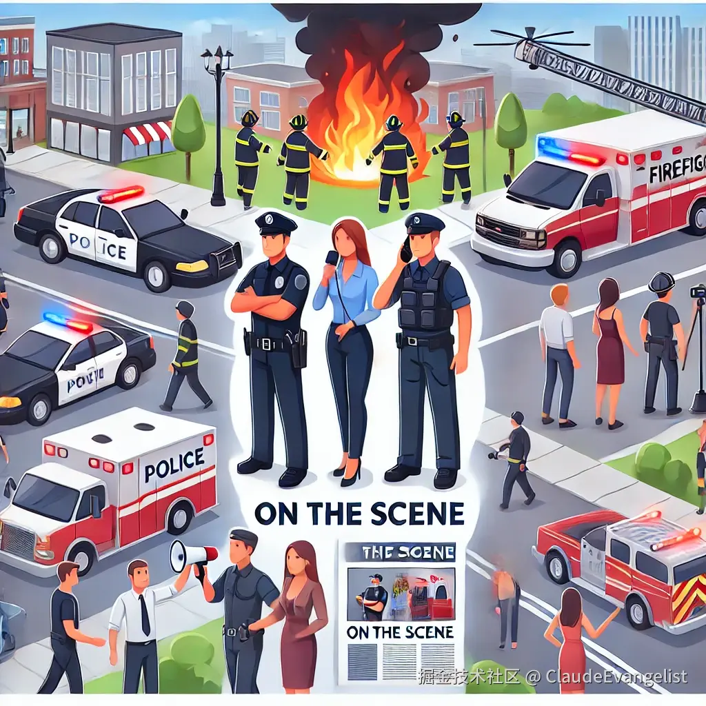DALL·E 2024-11-21 23.08.53 - An illustration showing a police officer, firefighter, and news reporter arriving at the scene of an emergency. The scene is a busy city street with a.webp