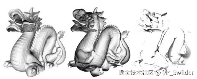 图5.35：每个深度剥离的pass都会绘制其中一层的透明物体。左图是第一个pass的渲染结果，它代表的是相机直接可见的透明图层（位于最前面）。中间展示了第二个pass的渲染结果，每个像素上都是距离相机第二近的透明表面，在这个例子中代表了透明物体的背面。右图展示了第三个pass的渲染结果，每个像素上都是距离相机第三近的透明表面。 图14.33 展示了最终的渲染结果。