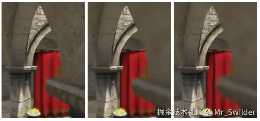 图12.13：近场模糊。左边是没有景深效果的原始图像。在中间，近场像素会被模糊，但是在靠近焦点场的区域会有一个清晰的物体边缘。右图展示了使用单独的近场图像，并将其叠加在较远内容上的效果，近场像素不仅会被模糊，同时也不会出现清晰的物体边缘。 [209, 1178]