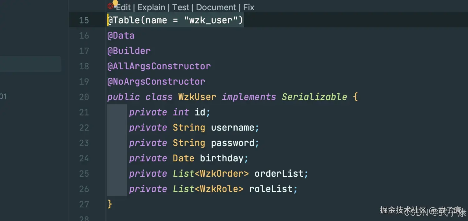 WzkUser 实体类：使用 @Table/@Data/@Builder/@AllArgsConstructor/@NoArgsConstructor 注解，包含 id、username、password、birthday、orderList、roleList 字段