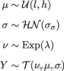μ ∼ 𝒰(l,h) σ ∼ ℋ 𝒩 (σ ) σ ν ∼ Exp (λ ) Y ∼ 𝒯 (ν,μ, σ)
