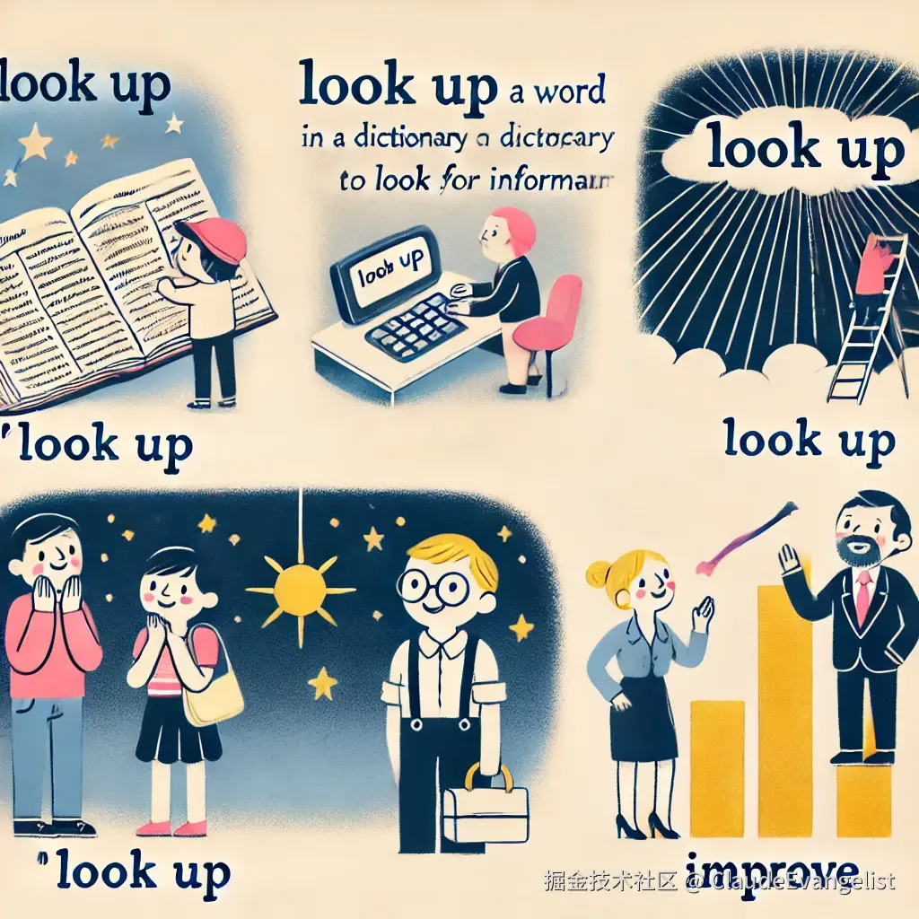 DALL·E 2024-12-13 23.30.02 - An illustration showing the different meanings of the English phrasal verb 'look up'. The scene includes_ 1) A person searching for a word in a dictio.webp