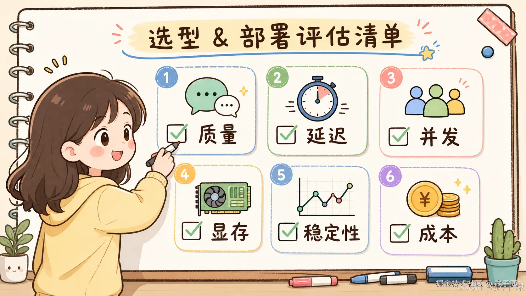 LLM 选型部署评估清单：质量、延迟、并发、显存、稳定性、成本六大核心评估维度信息图