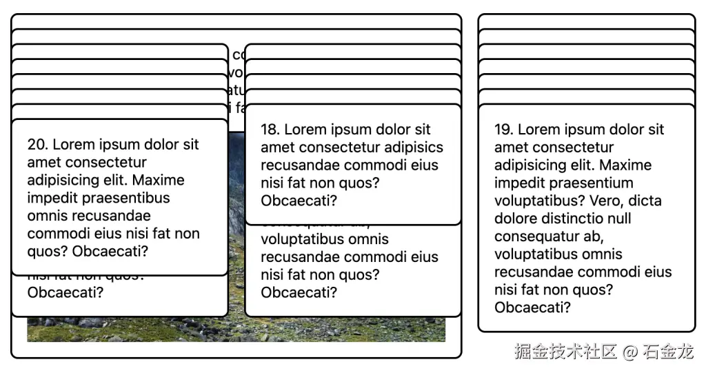 三列重叠堆叠的卡片，白底，黑色圆角边框，还有随机生成的占位文字。