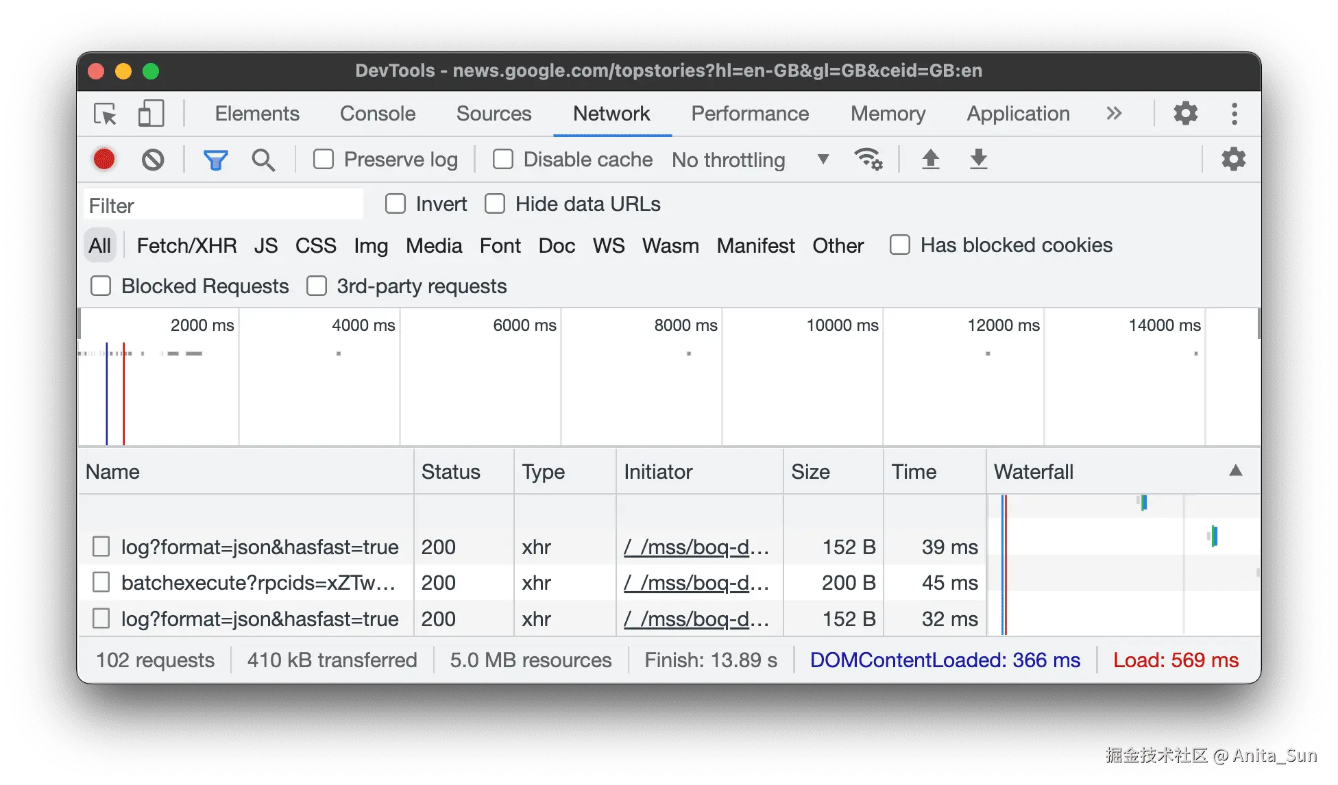 “网络”面板。
