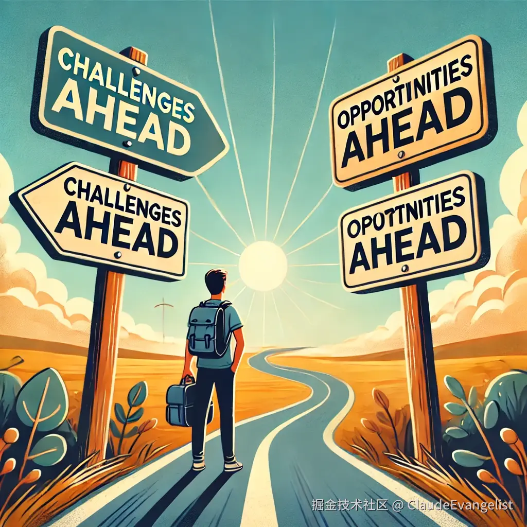 DALL·E 2024-12-10 00.20.33 - An engaging illustration showing a person standing on a winding road with signposts indicating 'Challenges Ahead,' 'Opportunities Ahead,' and 'Future .webp